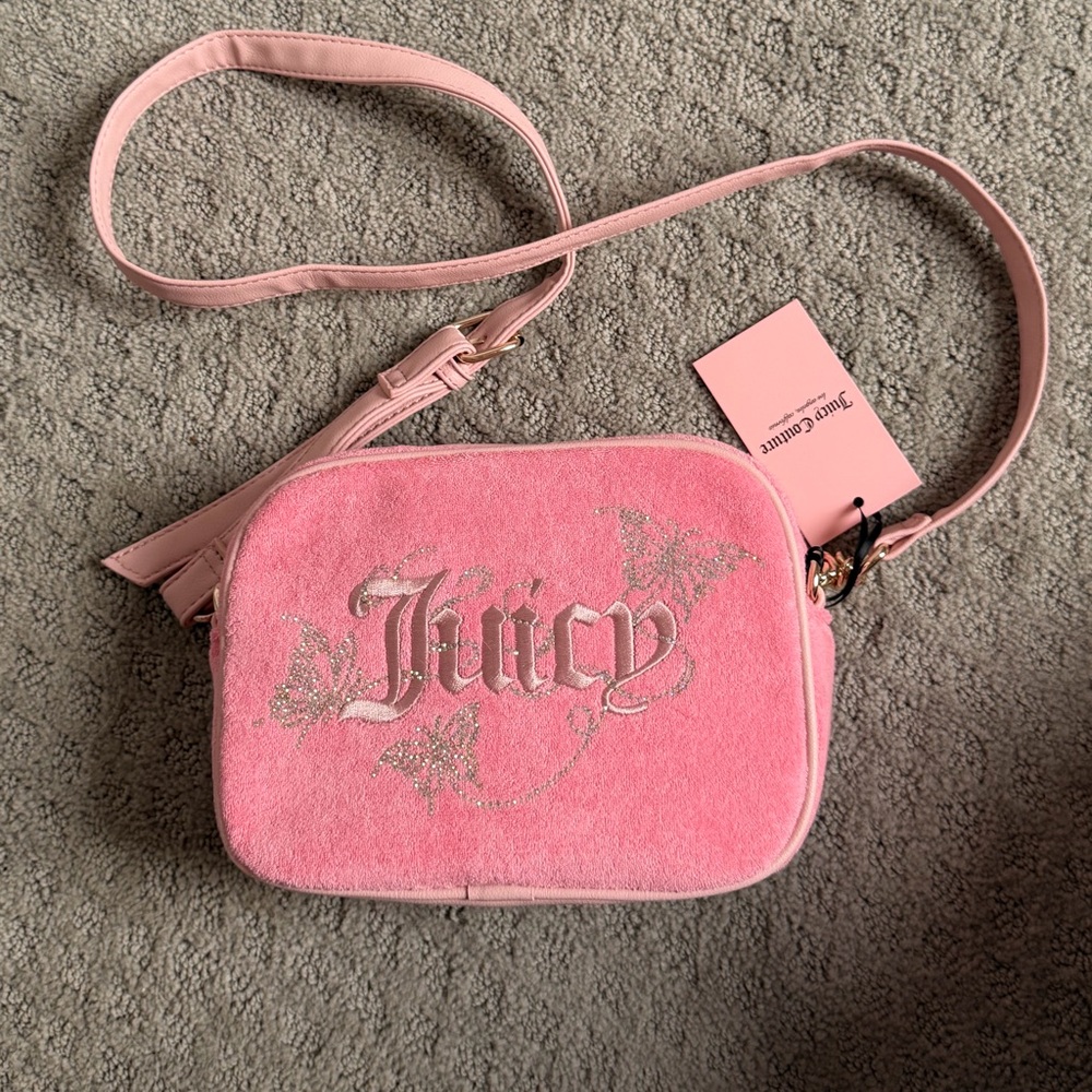 NEW Juicy Couture Pink Wingin It Crossbody Camera Bag Rhinestone Terry Butterfly